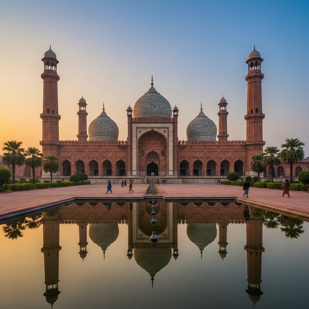 The Badshahi Mosque in Lahore stands tall against a clear blue sky, its red sandstone facade and white domes reflected in the still water of a rectangular pool in the foreground.